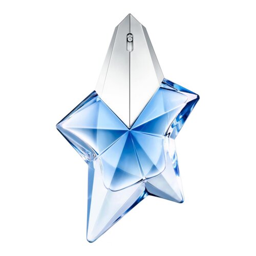 Przedstawiony jest flakon perfum w kształcie gwiazdy, wykonany z przezroczystego, niebieskiego szkła z metalicznym wykończeniem na górze. Flakon ma geometryczne, ostre krawędzie i błyszczącą powierzchnię.