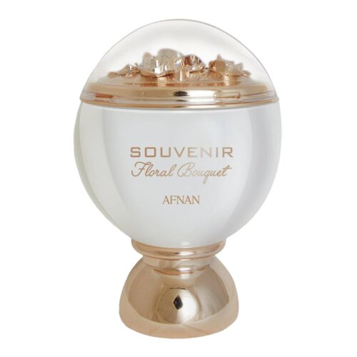 Biały flakon perfum o kulistym kształcie z przezroczystą, ozdobną nakrętką i złotą podstawą, na którym widnieje napis "SOUVENIR Floral Bouquet AFNAN".
