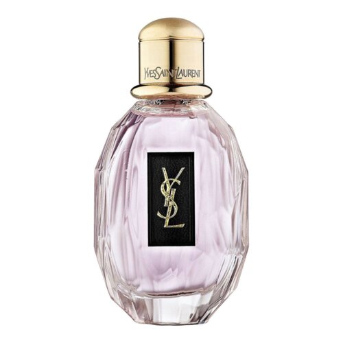 Butelka perfum o fioletowym odcieniu z czarną etykietą i złotymi literami "YSL" na środku, z złotym korkiem z napisem "Yves Saint Laurent".