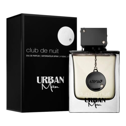 Czarne opakowanie i flakon perfum z napisem "club de nuit" oraz "URBAN Man". Na flakonie wisi czarny medalion z napisem "ARMAF".