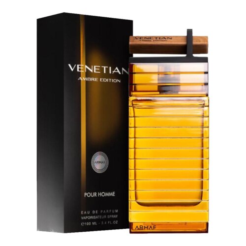 Czarne opakowanie z napisem "VENETIAN AMBRE EDITION" oraz "POUR HOMME" obok przezroczystej butelki z bursztynowym płynem, na której widnieje napis "ARMAF". Na opakowaniu znajduje się również tekst "EAU DE PARFUM VAPORISATEUR SPRAY 100 ML - 3.4 FL.OZ".