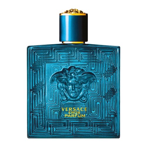 Kwadratowy, niebieski flakon perfum z ozdobnym wzorem i wytłoczonym wizerunkiem meduzy, z napisem "VERSACE EROS PARFUM" w kolorze złotym. Korek flakonu jest również niebieski z złotymi akcentami na górze.