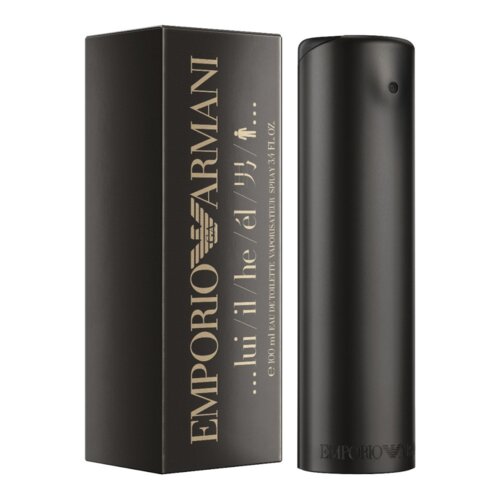 Czarne opakowanie z napisem "EMPORIO ARMANI" oraz symbolem orła, obok stoi czarny flakon perfum. Na opakowaniu widnieje tekst "...lui/il/he/él/男", a poniżej "EAU DE TOILETTE VAPORISATEUR SPRAY 3.4 FL. OZ.".