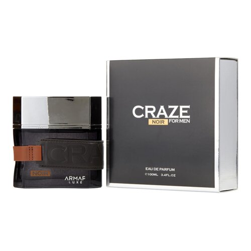 Czarny flakon perfum z metalicznym korkiem i brązowym paskiem obok czarnego pudełka z napisem "CRAZE NOIR FOR MEN" oraz "EAU DE PARFUM 100ML 3.4FL.OZ". Na flakonie widoczny jest napis "ARMAF LUXE".