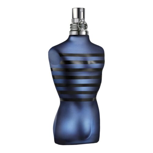 Butelka perfum w kształcie torsu męskiego, w kolorze ciemnoniebieskim z czarnymi, poziomymi paskami. Srebrny atomizer znajduje się na górze butelki.