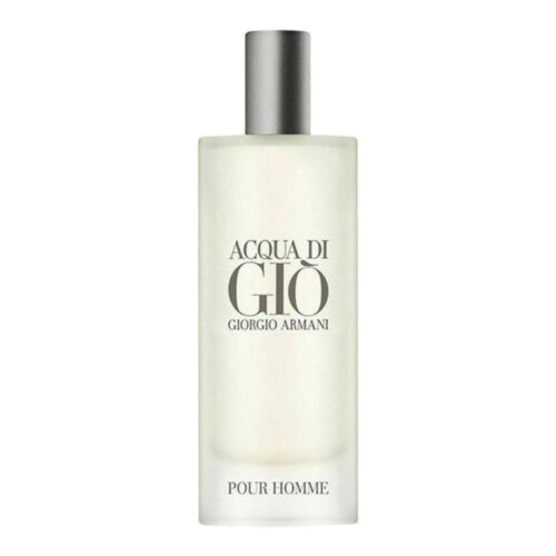 Przedstawiono flakon perfum o prostym, eleganckim designie z napisem "ACQUA DI GIÒ GIORGIO ARMANI POUR HOMME". Flakon ma matowe wykończenie i srebrny korek.