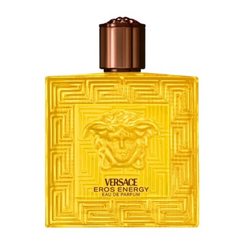 Kwadratowy, żółty flakon perfum z brązowym korkiem, ozdobiony wzorem greckim i wizerunkiem Meduzy. Na flakonie widnieje napis: "VERSACE EROS ENERGY EAU DE PARFUM".
