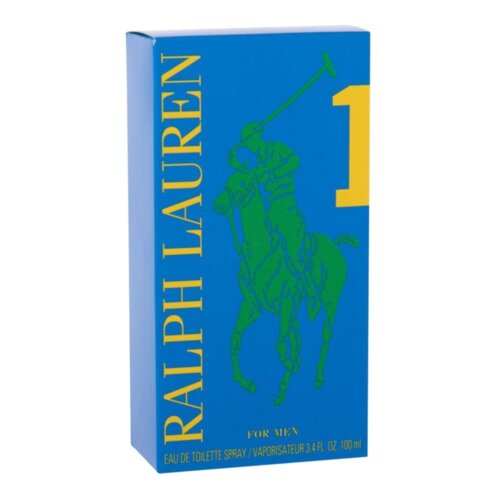 Niebieskie opakowanie z żółtym napisem "RALPH LAUREN" oraz dużą cyfrą "1" w prawym górnym rogu. Na opakowaniu znajduje się zielony rysunek gracza polo na koniu, a poniżej napis "FOR MEN EAU DE TOILETTE SPRAY/VAPORISATEUR 3.4 FL OZ 100 ml".