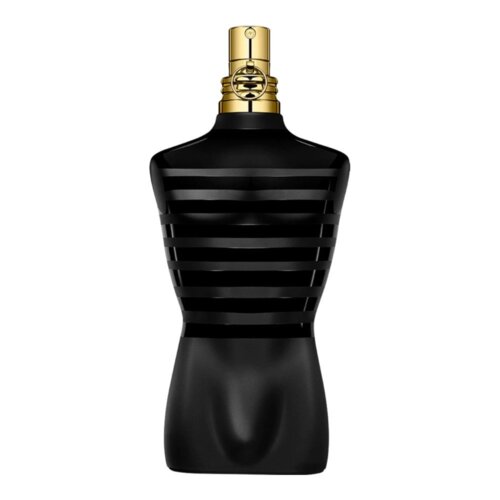 Czarny flakon perfum w kształcie torsu z poziomymi, matowymi paskami i złotym atomizerem na górze. Flakon ma elegancki, nowoczesny design.