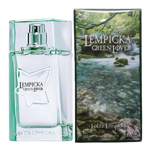 Szklana butelka perfum z napisem "Lempicka Green Lover" obok opakowania z grafiką przedstawiającą leśny strumień. Na opakowaniu widnieje tekst: "Lempicka Green Lover", "Lolita Lempicka", "100 ml", "Eau de Toilette", "3.4 FL.OZ".