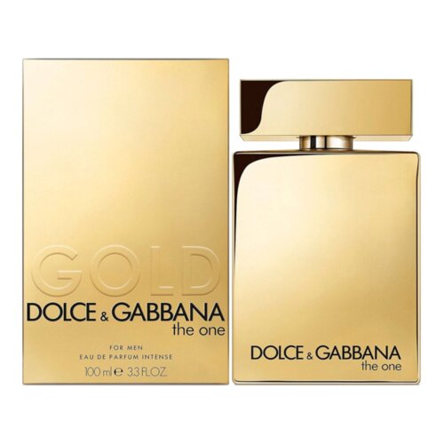 Złoty flakon perfum obok złotego pudełka z napisem: "GOLD DOLCE & GABBANA the one FOR MEN EAU DE PARFUM INTENSE 100 ml e 3.3 FL.OZ". Na flakonie widnieje napis: "DOLCE & GABBANA the one".