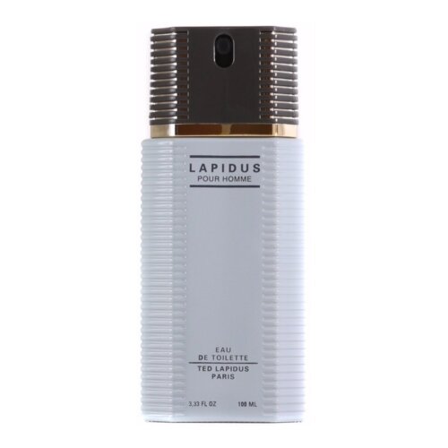 Buteleczka wody toaletowej o pojemności 100 ml z napisem "LAPIDUS POUR HOMME" oraz "EAU DE TOILETTE TED LAPIDUS PARIS" na przedniej stronie. Górna część butelki jest ciemna z atomizerem, a dolna ma jasny, żebrowany wzór.