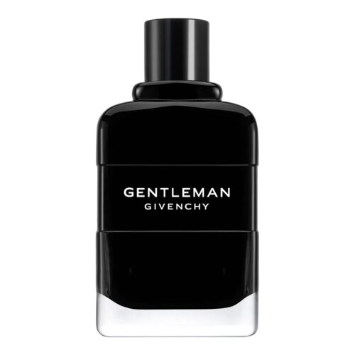 Czarny flakon perfum z białym napisem "GENTLEMAN GIVENCHY" na przedniej stronie. Flakon ma prosty, elegancki design z matowym wykończeniem.