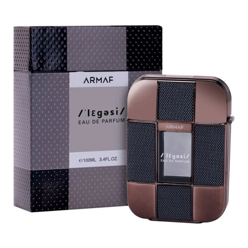 Na zdjęciu widoczna jest butelka perfum oraz pudełko z napisem "ARMAF /ˈlegəsi/ EAU DE PARFUM" o pojemności "e100ML 3.4FL.OZ.". Butelka ma metaliczne wykończenie z ciemnymi panelami, a pudełko jest ozdobione wzorem w kropki.