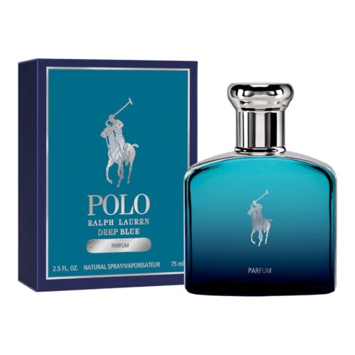 Na zdjęciu widoczny jest flakon perfum o niebieskim odcieniu z metalicznym korkiem oraz pudełko w podobnej kolorystyce. Na opakowaniu znajduje się napis: "POLO RALPH LAUREN DEEP BLUE PARFUM 2.5 FL OZ. NATURAL SPRAY/VAPORISATEUR 75 ml".