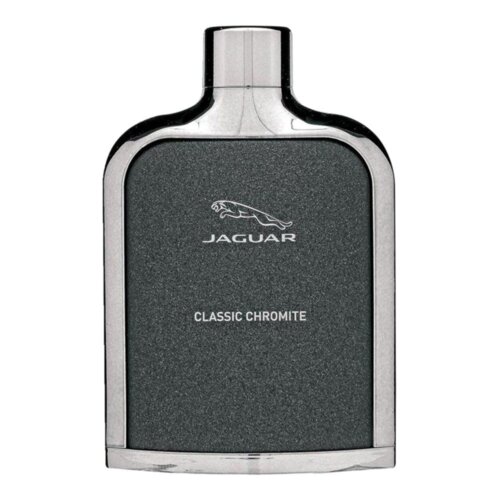 Butelka wody toaletowej o pojemności 100 ml z ciemnoszarym frontem, na którym widnieje logo producenta oraz napisy: "JAGUAR" i "CLASSIC CHROMITE". Krawędzie butelki są srebrne, a korek ma metaliczny połysk.