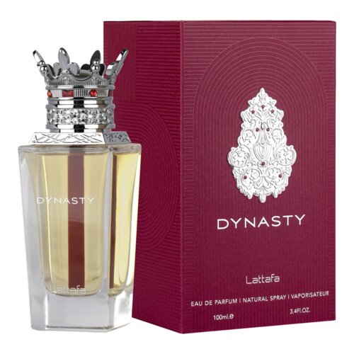 Flakon perfum o nazwie "Dynasty" z ozdobnym srebrnym korkiem stoi obok bordowego pudełka z białym ornamentem i napisem "Lattafa". Na pudełku widnieje tekst: "Eau de Parfum | Natural Spray | Vaporisateur 100 ml e 3.4 FL.OZ.".