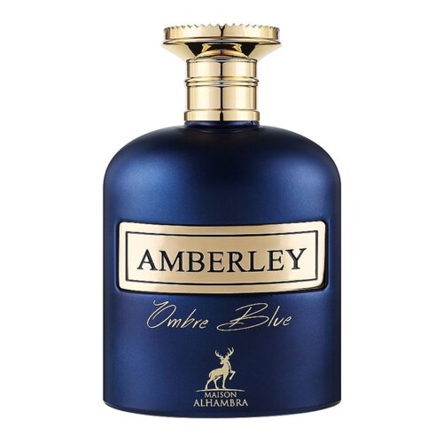 Butelka perfum w kolorze ciemnoniebieskim z złotym korkiem, na której widnieje napis "AMBERLEY Ombre Blue" oraz logo z jeleniem i tekstem "MAISON ALHAMBRA".