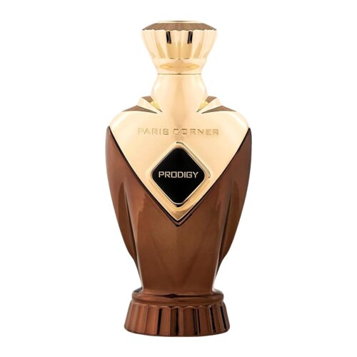 Butelka perfum o pojemności 100 ml, w kształcie eleganckiej karafki, z brązowym dołem i złotą górą, z widocznymi napisami "PARIS CORNER" oraz "PRODIGY" na czarnym tle.