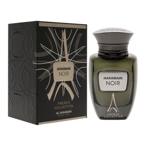 Czarne opakowanie z geometrycznym wzorem i napisami: "Haramain Noir", "French Collection", "Al Haramain Since 1970" obok ciemnej butelki perfum z etykietą "Haramain Noir".