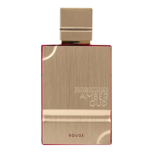 Prostokątna butelka perfum w złotym kolorze z napisem "HARAMAIN AMBER OUD" oraz "ROUGE" na dole. Kształt korka jest prostokątny, a powierzchnia butelki ma delikatną, pionową fakturę.