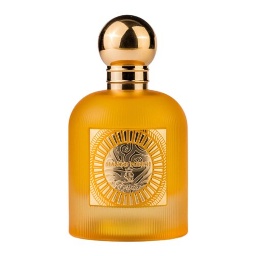 Pomarańczowy flakon perfum z okrągłym, złotym korkiem, na którym znajduje się złota etykieta z napisem "Mango Punch Emir". Etykieta ma ozdobny wzór z promieniście rozchodzącymi się liniami.