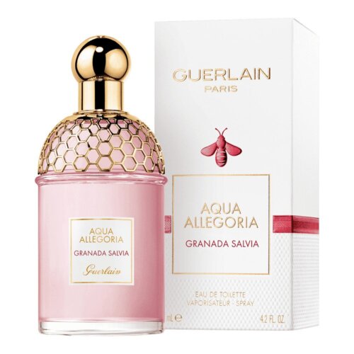 Na zdjęciu widoczna jest różowa butelka perfum z ozdobnym złotym korkiem w kształcie plastra miodu oraz białe pudełko z napisem "GUERLAIN PARIS" i grafiką różowej pszczoły. Na etykiecie butelki oraz pudełka znajduje się tekst: "AQUA ALLEGORIA GRANADA SALVIA Guerlain", a poniżej "EAU DE TOILETTE VAPORISATEUR - SPRAY 125 ml e 4.2 FL. OZ.".