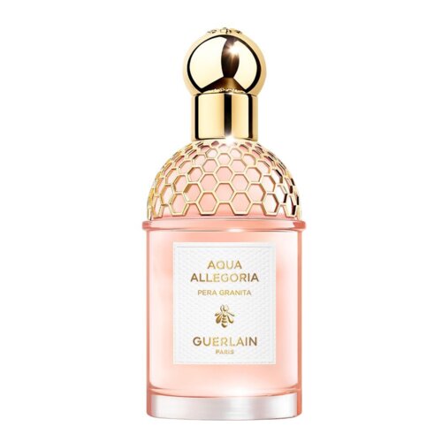 Butelka perfum o różowym płynie, z ozdobnym złotym korkiem i siateczką w kształcie plastra miodu. Na etykiecie widnieje napis: "AQUA ALLEGORIA PERA GRANITA GUERLAIN PARIS".