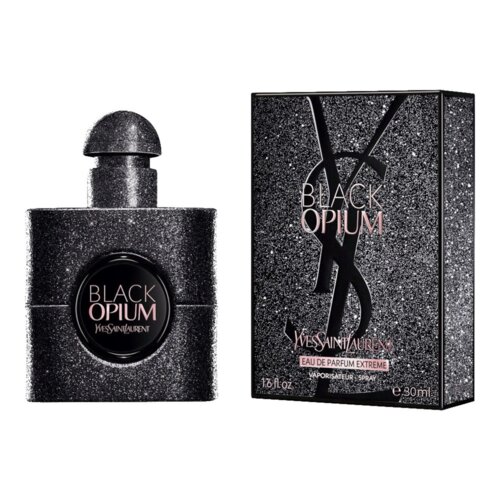 Czarne, błyszczące opakowanie perfum z napisem "BLACK OPIUM Yves Saint Laurent" obok pudełka z tym samym napisem oraz dodatkowymi informacjami: "EAU DE PARFUM EXTREME VAPORISATEUR - SPRAY 30 ml".