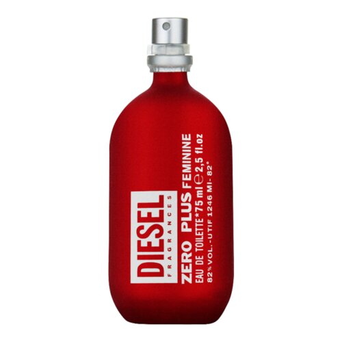 Czerwony flakon z atomizerem, na którym widnieje biały napis: "DIESEL FRAGRANCES ZERO PLUS FEMININE EAU DE TOILETTE 75 ml e 2.5 fl. oz 82% VOL. - UTIF 246 ML. - 82".