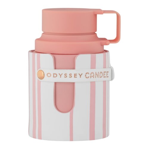 Różowo-biały flakon perfum z pionowymi paskami i uchwytem, na którym widnieje napis "ODYSSEY CANDEE". Flakon ma matowe wykończenie i ozdobny złoty element.