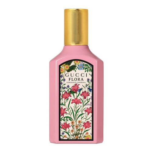 Różowa butelka perfum z złotym korkiem, na której znajduje się etykieta z kwiatowym wzorem i napisem "GUCCI FLORA GORGEOUS GARDENIA".