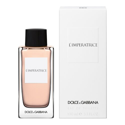 Butelka perfum z przezroczystego szkła z czarnym korkiem, obok białego pudełka. Na obu widnieje napis "L'IMPERATRICE", a poniżej "DOLCE & GABBANA EAU DE TOILETTE 100 ml e 3.3 FL.OZ.".