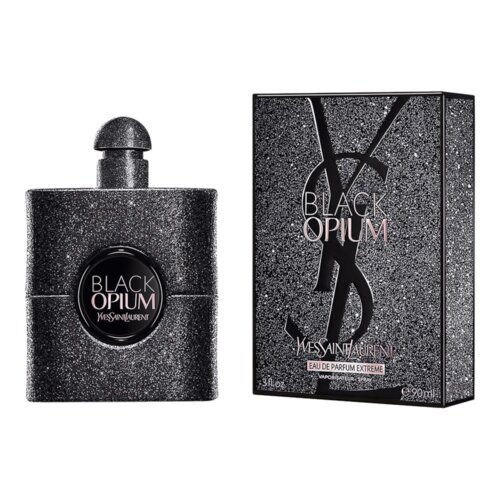 Czarne, błyszczące opakowanie perfum z napisem "BLACK OPIUM Yves Saint Laurent" obok pudełka z tym samym wzorem i napisem. Na pudełku widnieje dodatkowy tekst: "EAU DE PARFUM EXTREME 90 ml".