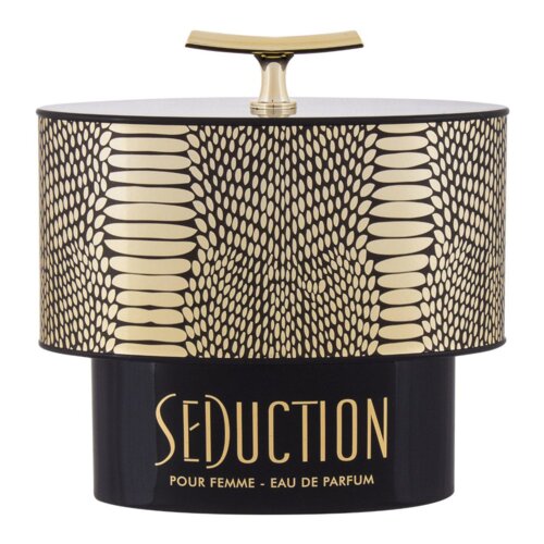 Czarno-złoty flakon perfum o owalnym kształcie z ozdobnym wzorem przypominającym łuski, z napisem "SEDUCTION POUR FEMME - EAU DE PARFUM" na dolnej części. Na górze flakonu znajduje się złoty uchwyt w kształcie litery T.