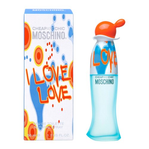 Na zdjęciu znajduje się flakon wody toaletowej oraz pudełko z napisem "CHEAP AND CHIC MOSCHINO I LOVE LOVE". Pudełko ozdobione jest kolorowymi kropkami i napisami, a flakon ma pomarańczową zakrętkę i niebieski dół.