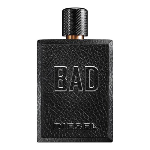 Czarny flakon perfum o fakturze przypominającej skórę z dużym napisem "BAD" oraz mniejszym "DIESEL" na dole. Korek flakonu ma teksturowaną powierzchnię.