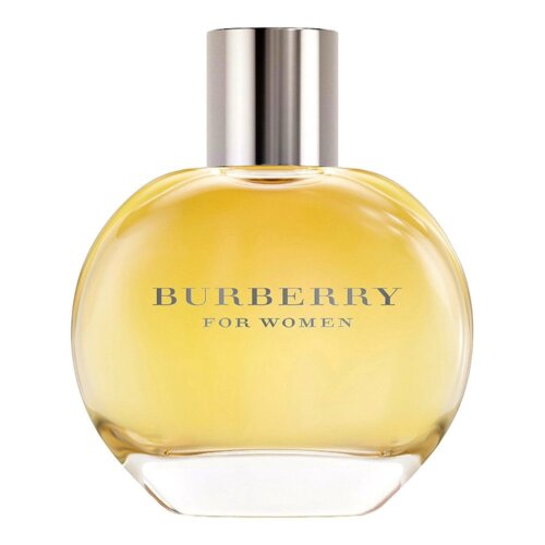 Okrągły flakon z przezroczystego szkła wypełniony żółtawym płynem, z metalowym korkiem na górze. Na butelce widnieje napis "BURBERRY FOR WOMEN".