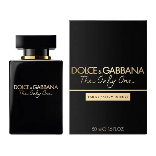 Czarne opakowanie i flakon perfum z napisem "Dolce & Gabbana The Only One" oraz "Eau de Parfum Intense". Na opakowaniu widnieje również informacja o pojemności: "50 ml e 1.6 FL.OZ".