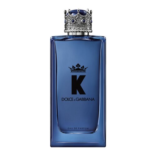 Niebieska butelka perfum z ozdobnym korkiem w kształcie korony, na której widnieje napis "K DOLCE & GABBANA". Na dole butelki znajduje się napis "EAU DE PARFUM".