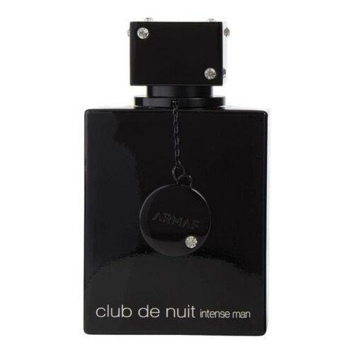 Czarny flakon perfum z prostokątnym korkiem ozdobionym srebrnymi elementami, na którym wisi okrągły medalion z napisem "ARMAF". Na dole flakonu widnieje napis "club de nuit intense man".