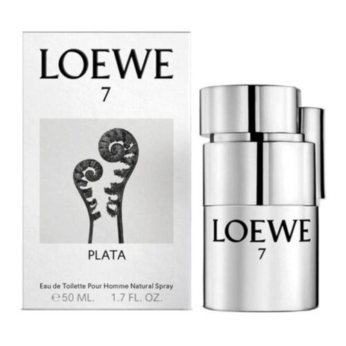 Na zdjęciu widoczna jest butelka i pudełko perfum z napisem "LOEWE 7 PLATA". Na pudełku znajduje się czarno-biały obrazek przedstawiający dwa spiralne kształty, a poniżej napis "Eau de Toilette Pour Homme Natural Spray e 50 ML. 1.7 FL. OZ.".