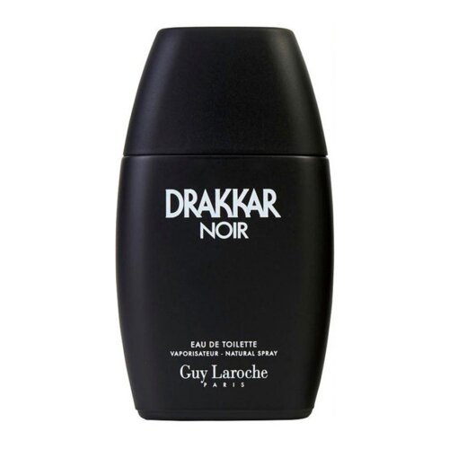 Czarne opakowanie perfum z białym napisem "DRAKKAR NOIR" oraz mniejszym tekstem "EAU DE TOILETTE VAPORISATEUR - NATURAL SPRAY" i "Guy Laroche PARIS".