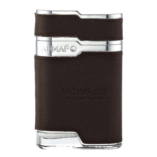 Brązowy flakon perfum z metalicznymi elementami, na którym widoczne są napisy: "ARMAF" oraz "VOYAGE EAU DE PARFUM". Flakon ma elegancki, nowoczesny design z teksturowaną powierzchnią.