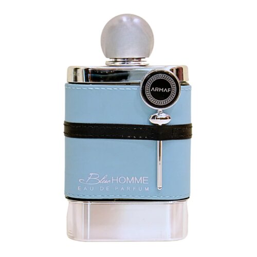 Flakon perfum o pojemności 100 ml z niebieską obudową i srebrnym wykończeniem, z widocznym napisem "Blue HOMME EAU DE PARFUM" oraz okrągłym logo "ARMAF". Na górze znajduje się kulisty korek w srebrnym kolorze.