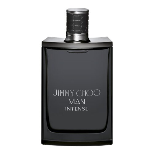 Ciemna butelka perfum z napisem "JIMMY CHOO MAN INTENSE" na przedniej stronie. Korek butelki ma teksturę przypominającą skórę.