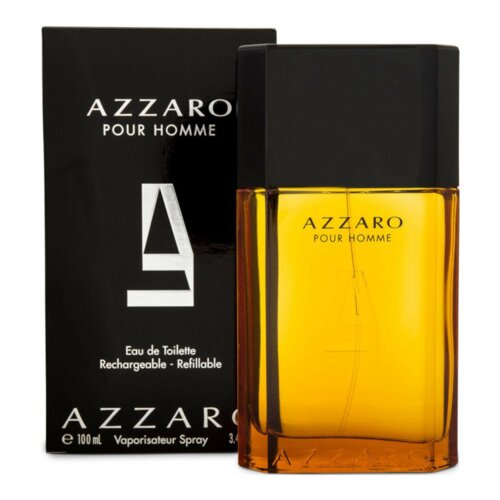 Czarne opakowanie z białym napisem "AZZARO POUR HOMME" oraz dużą literą "A" obok przezroczystej, bursztynowej butelki z czarnym korkiem, na której widnieje napis "AZZARO POUR HOMME". Na opakowaniu znajduje się tekst: "Eau de Toilette Rechargeable - Refillable", "e 100 ml Vaporisateur Spray 3.4 FL. OZ.".