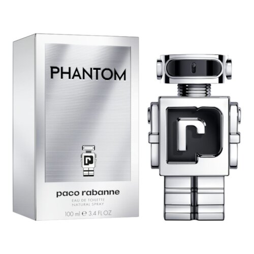 Srebrne opakowanie z napisem "PHANTOM" oraz grafiką robota, poniżej widnieje tekst "paco rabanne EAU DE TOILETTE NATURAL SPRAY 100 ml e 3.4 FL OZ". Obok znajduje się flakon w kształcie robota z literą "P" na przodzie.
