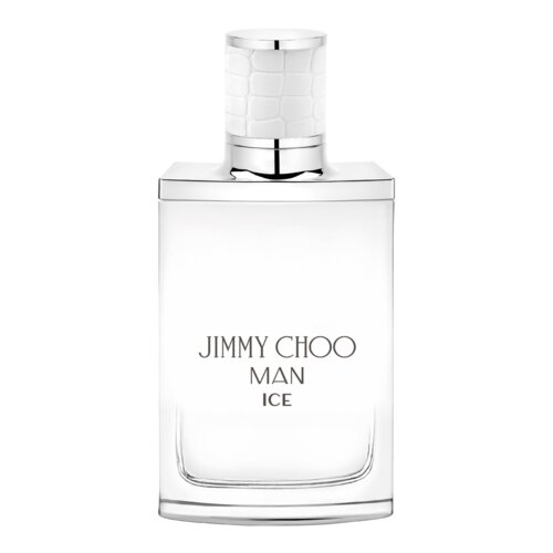 Na zdjęciu widoczna jest butelka perfum o nazwie "Jimmy Choo Man Ice" z białym, teksturowanym korkiem i srebrnymi akcentami. Na przedniej stronie butelki znajduje się napis: "JIMMY CHOO MAN ICE".