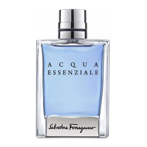 Na zdjęciu znajduje się flakon perfum o nazwie "Acqua Essenziale" marki Salvatore Ferragamo. Flakon jest prostokątny, z przezroczystego szkła, a jego zawartość ma niebieski kolor.